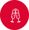 Icon of two glasses with bubbles in cheering in a red circle
